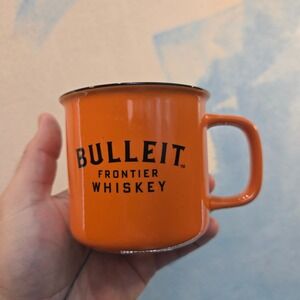 Bulleit Frontier Whiskey Enamel Camp Mug Orange Black Rim USA Whiskey Logo 8 oz